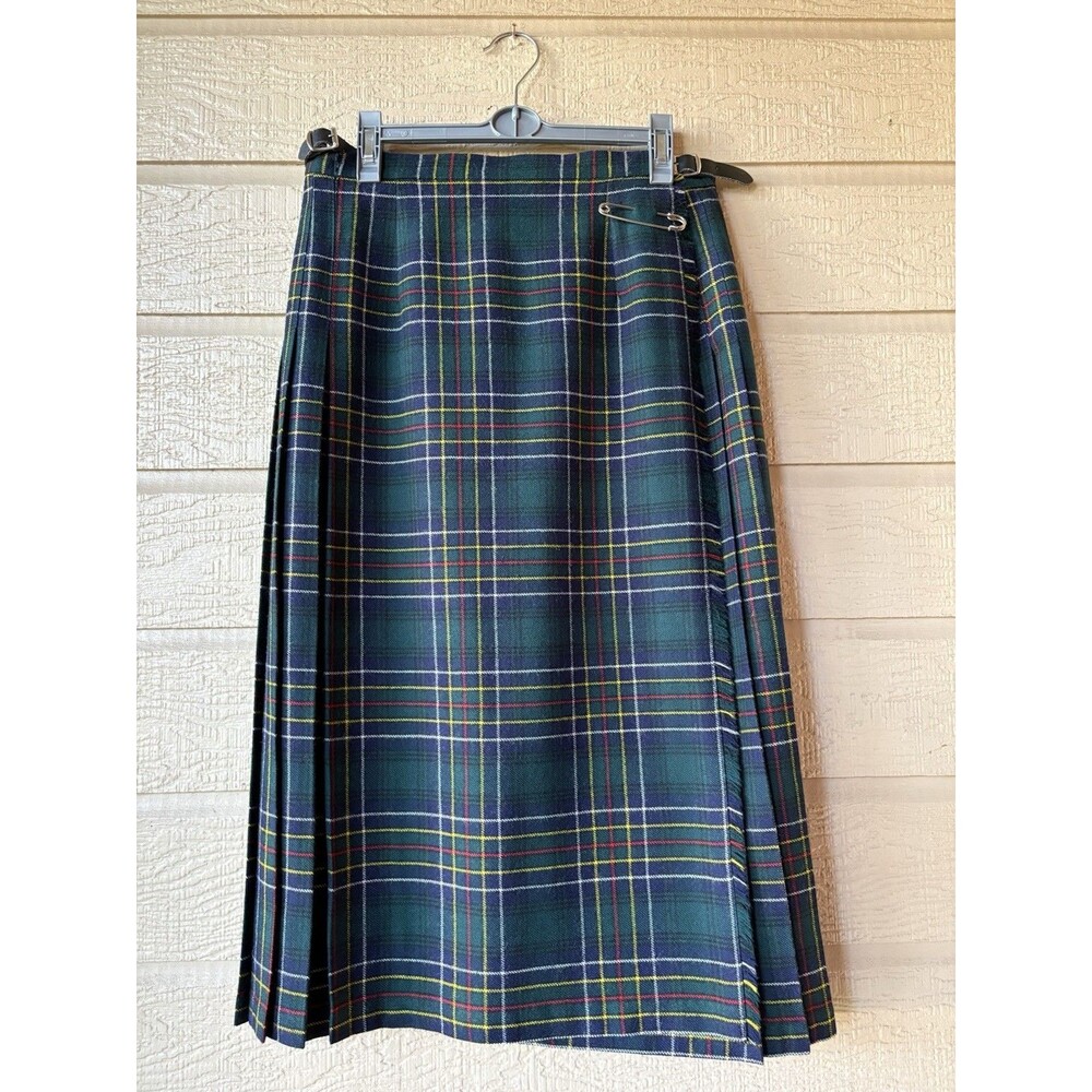 Vintage Blarney Woolen Mills womens Green Tartan Plaid Wool Midi Skirt size 14
